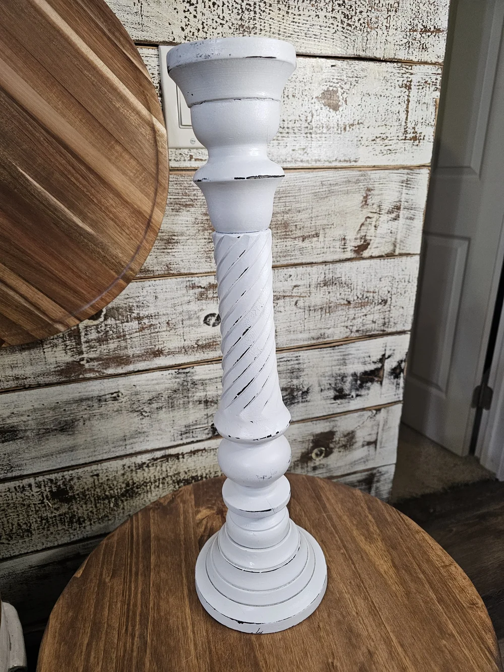 Tall Rustic/Farmhouse White Distressed Wooden Candle Holder